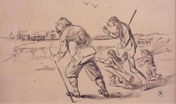 Golfarit Practice on the Beachille, kuvitus Graphic-lehdestä, pubi. noin 1870 (litho) tekijältä Henry Sandercock