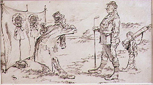 Myyjä häiritsee golfaajaa, kuvitus Graphic-lehdelle, pubi. c, 1870 tekijältä Henry Sandercock