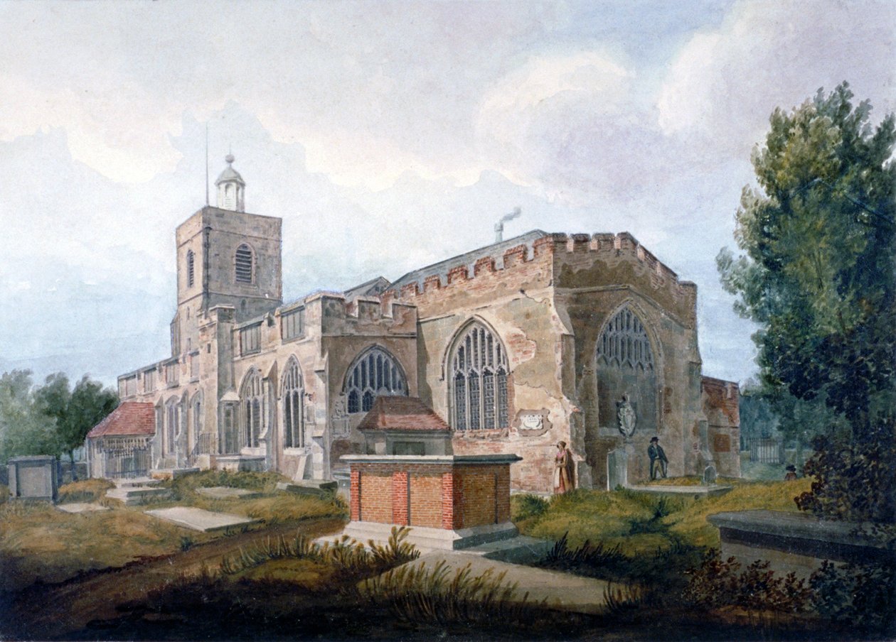 Kaakkoisnäkymä St Dunstanin kirkolle, Stepney, Lontoo, c1820 tekijältä Henry Sass