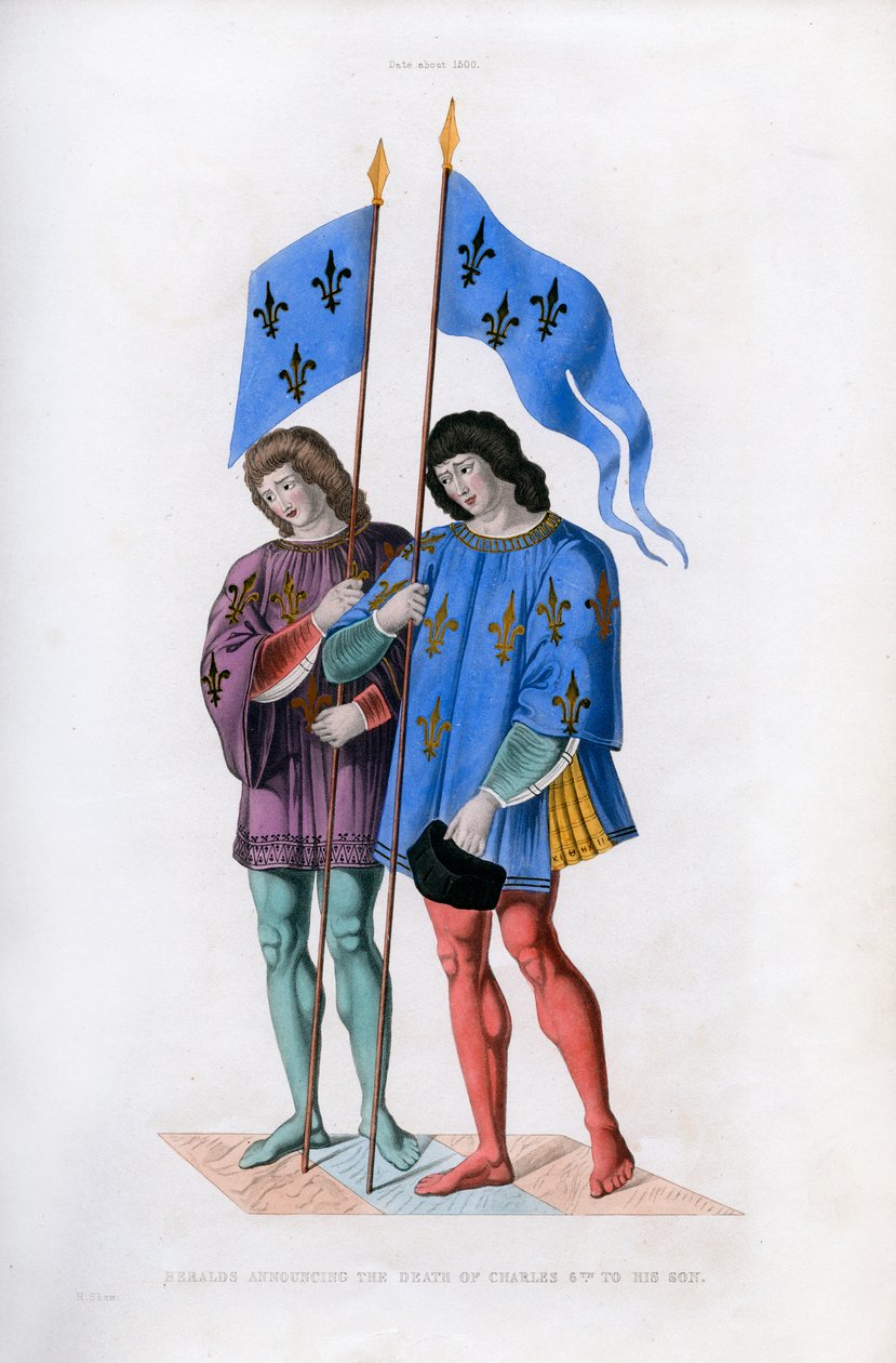 Heraldit ilmoittavat Kaarle VI:n kuolemasta hänen pojalleen, c1500, 1843. tekijältä Henry Shaw