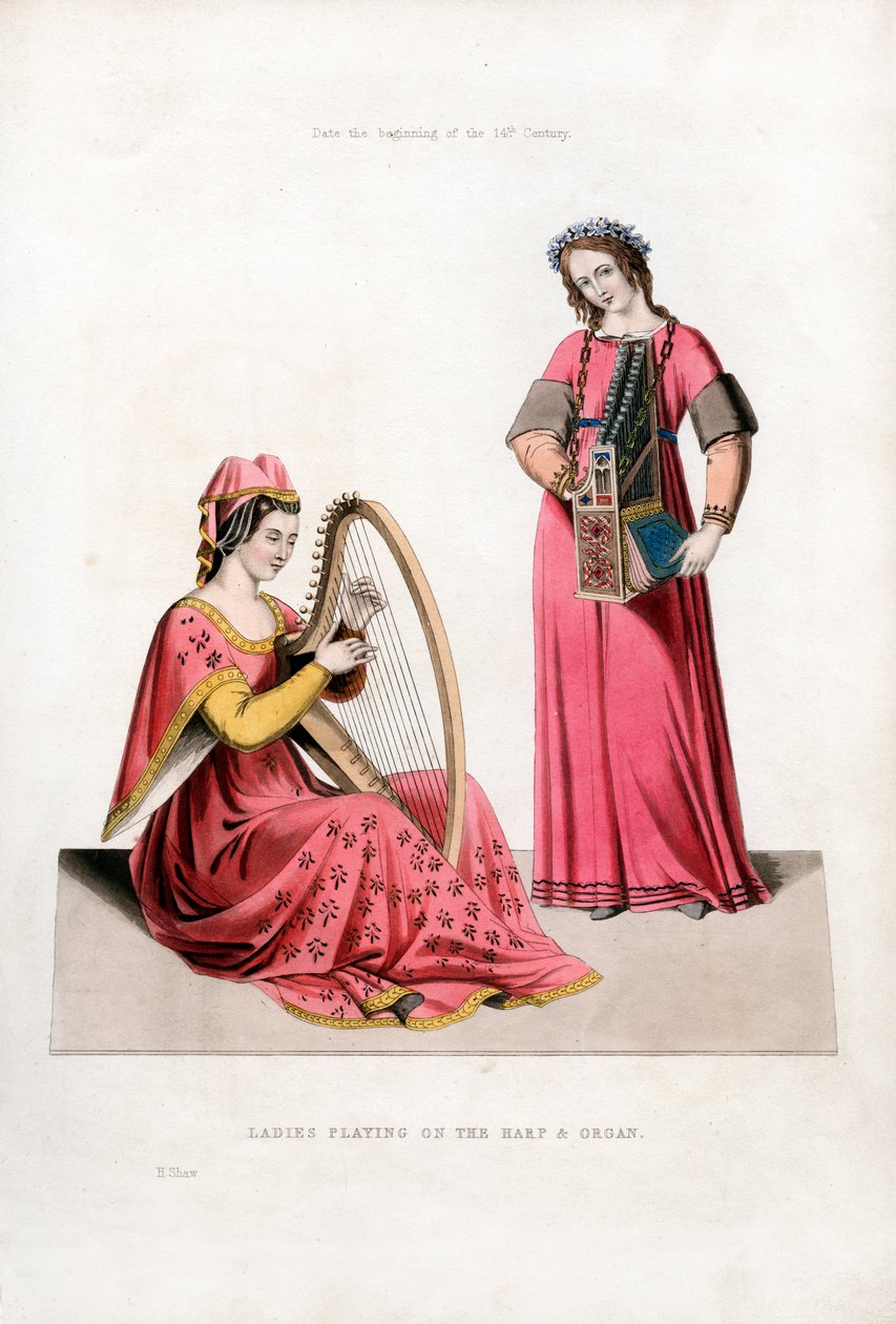 Harpulla ja urkulla soittavat naiset, 1300-luvun alku, 1843. tekijältä Henry Shaw