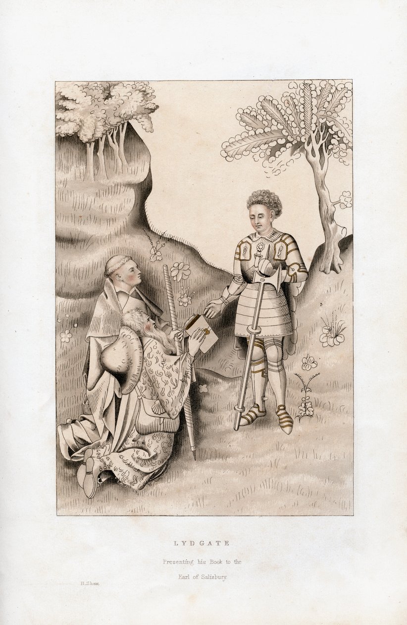 Lydgate esittelee kirjansa Earl of Salisburylle, 1426, 1843. tekijältä Henry Shaw