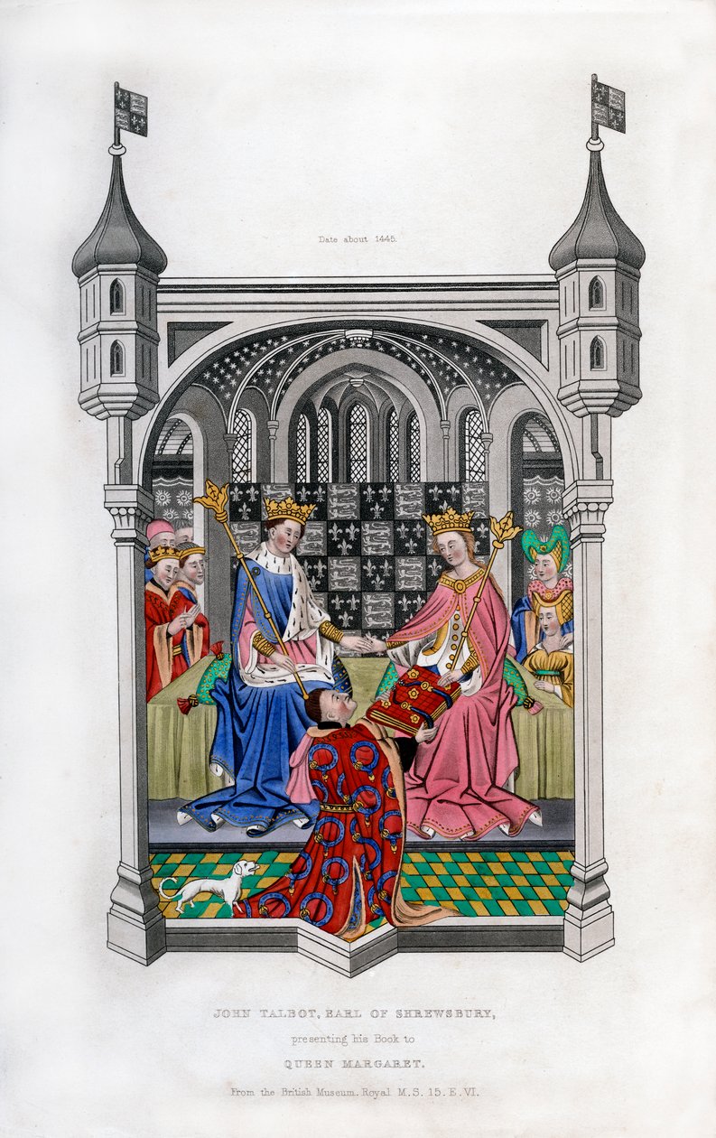 Earl of Shrewsbury esittelee kirjansa kuningatar Margaretille, c1445, 1843. tekijältä Henry Shaw