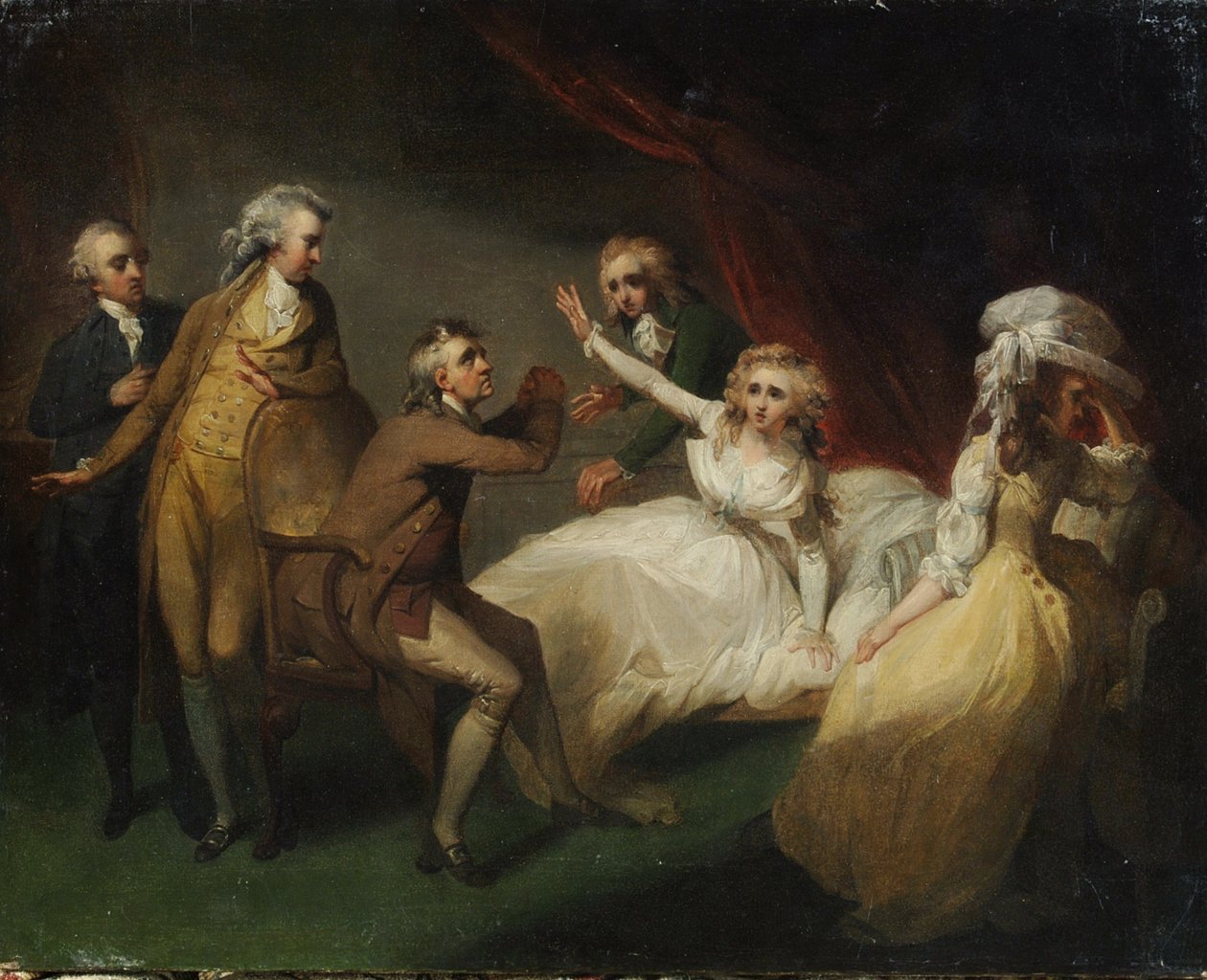 Camilla toipumassa pyörtymisestä, kuvitus kohtauksesta Camillasta tai Nuoruuden kuvasta, julkaistu vuonna 1796 tekijältä Henry Singleton