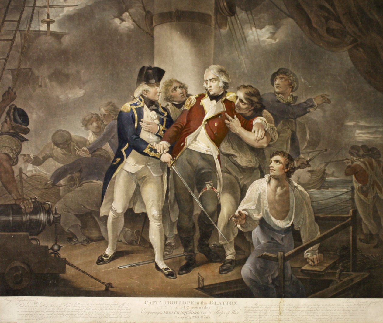 Kapteeni Trollope Glattonissa, jossa on 54 karonadia, taistelemassa ranskalaista laivuetta vastaan, jossa on 8 sota-alusta, joissa on 230 tykkiä, kaiverrettu James Daniell, 1797 (mezzotint). tekijältä Henry Singleton