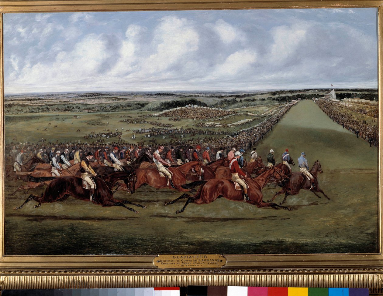 Vuorossa Gladiaattorin voittaja Englannin derbyssä Henri Alkenin maalaus (1774-1850) 1865. Pariisi, Societe rohkaisu - Vuorossa "" Gladiateur""" Englannin derbyn voittaja. Henry Alkenin (1774-1850) maalaus 1865. Societe d