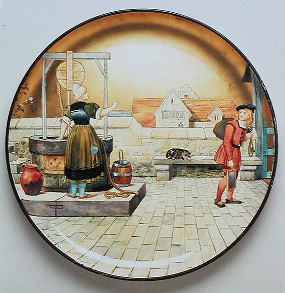 Lapsellisuus, esimerkki Shakespearen "Ihmisen seitsemän aikakaudesta", Mintonin Art Pottery Studion valmistama latauslevy tekijältä Henry Stacey Marks