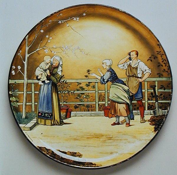 Infancy, kuvitus Shakespearen teoksesta "Ihmisen seitsemän aikakautta", Mintonin Art Pottery Studion valmistama latauslevy tekijältä Henry Stacey Marks
