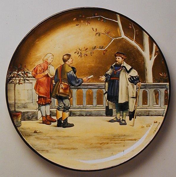 Justice, kuvitus Shakespearen teoksesta "Ihmisen seitsemän aikakautta", Mintonin Art Pottery Studion valmistama latauslevy tekijältä Henry Stacey Marks