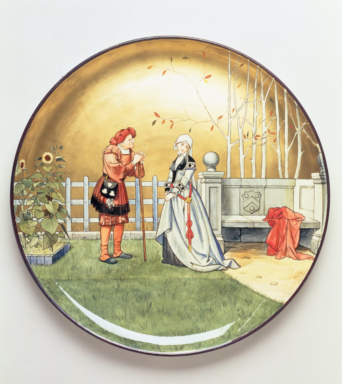 The Sixth Age of Man, esimerkki Shakespearen teoksesta Ihmisen seitsemän aikakautta, Mintonin Art Pottery Studion latauslevy, 1873 (keraaminen) tekijältä Henry Stacey Marks