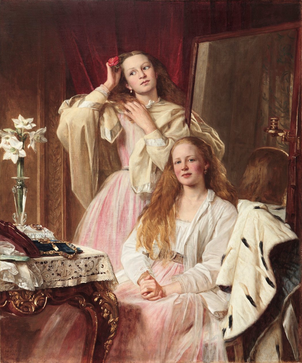 Muotokuva Emma ja Frederica Bankesista Soughton Hallista pukeutumispöydän ääressä, 1869. tekijältä Henry Tanworth Wells