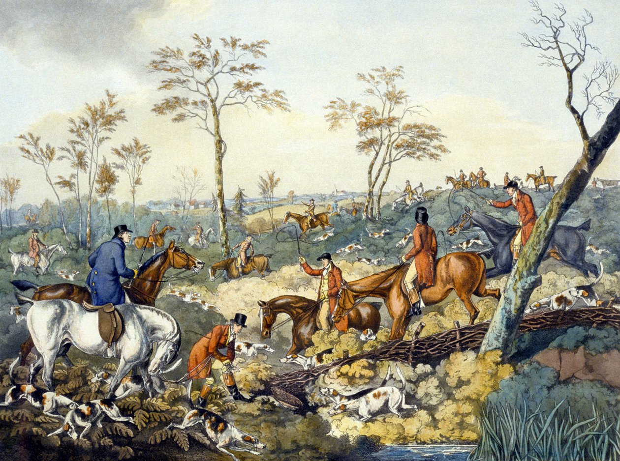 Kannen piirustus, "Foxhunting", kaiverrus Thomas Sutherland (1785-1838) (väri litho) tekijältä Henry Thomas (after) Alken