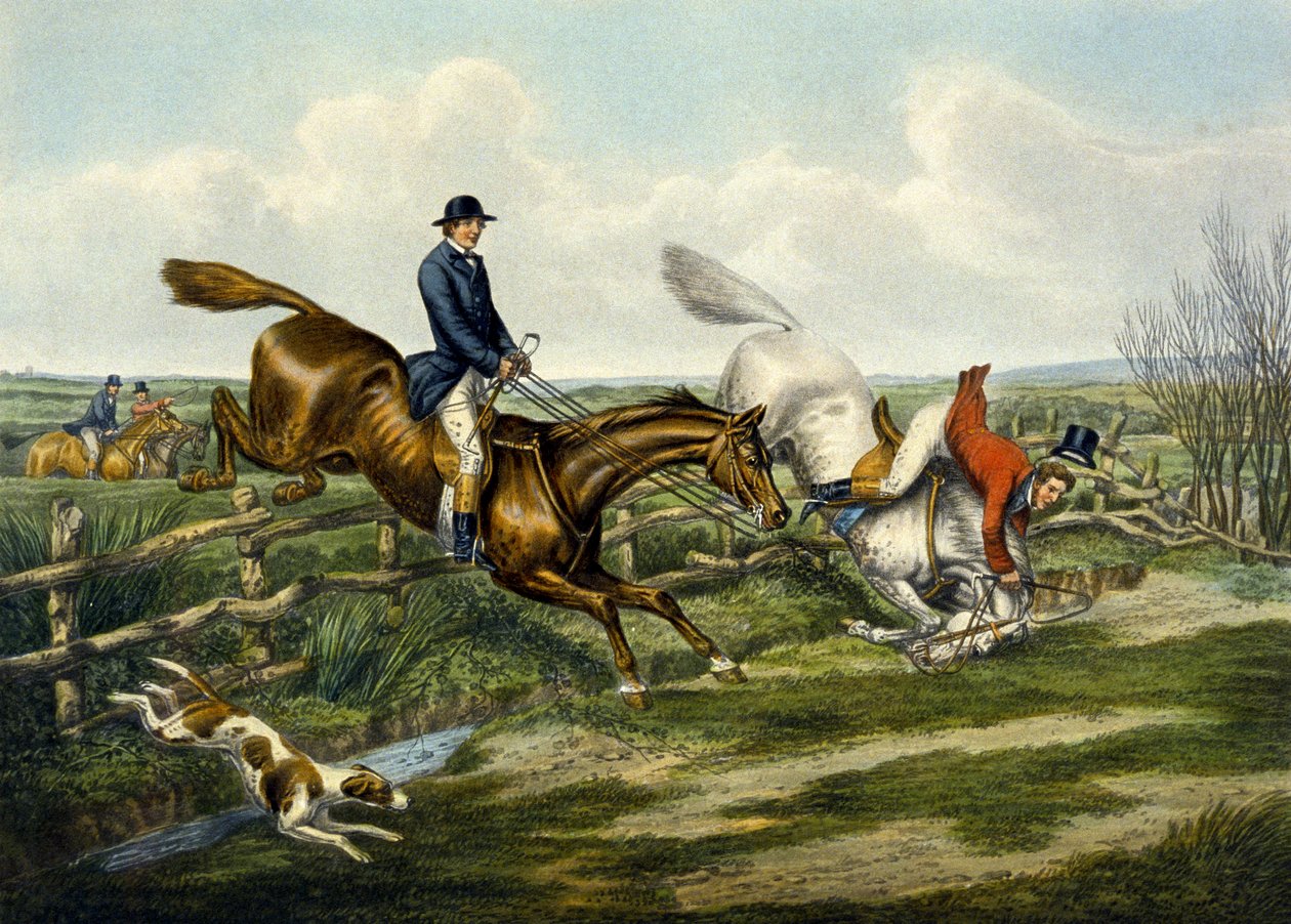 Falling Off, levy teoksesta "The Right and The Wrong Sort", Fores Hunting Sketchesissä, kaiverrus John Harris tekijältä Henry Thomas (after) Alken