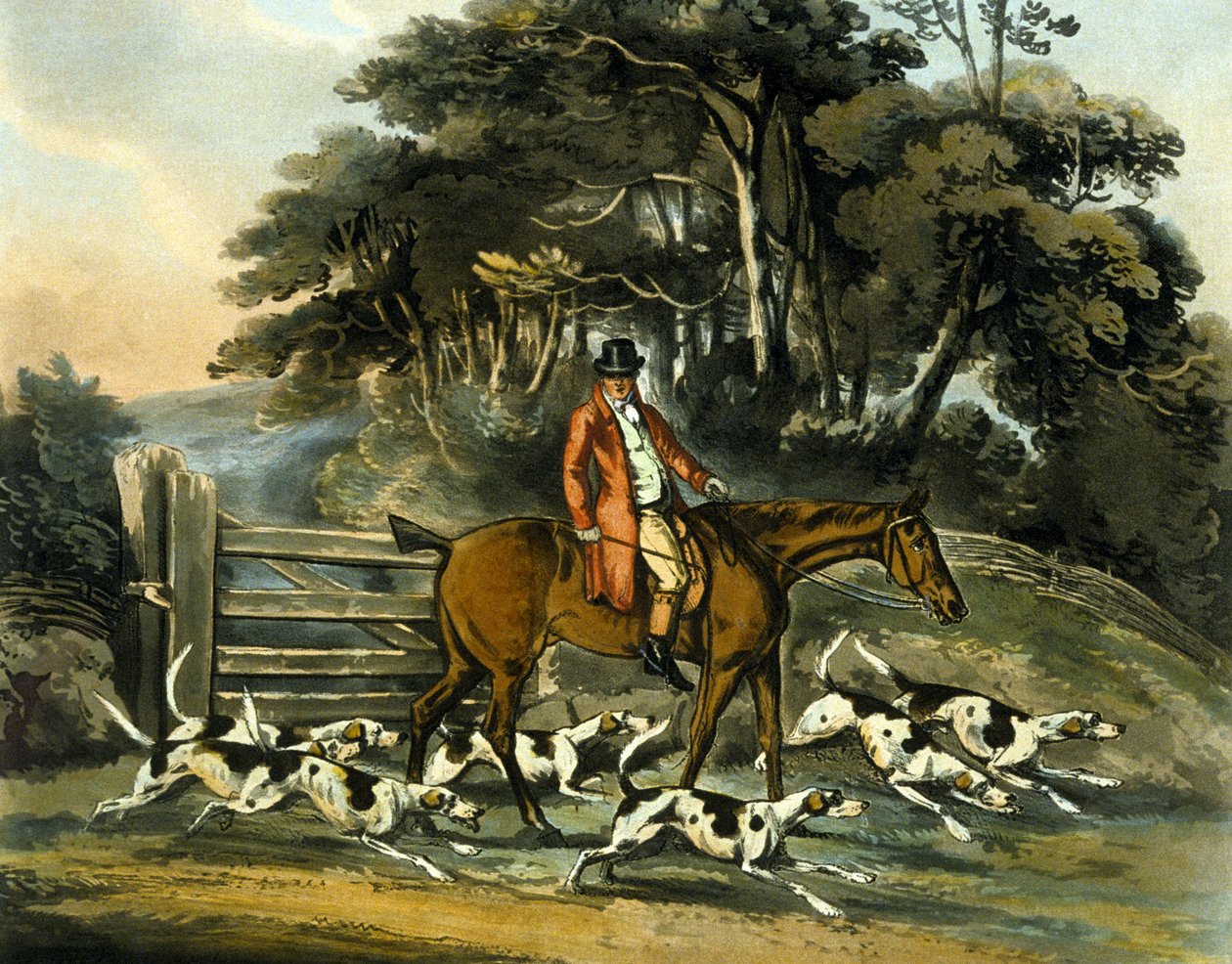 Going Out, teoksesta "Fox Hunting", kaiverrus Thomas Sutherland (1785-1838) 1817 (väri litho) tekijältä Henry Thomas (after) Alken