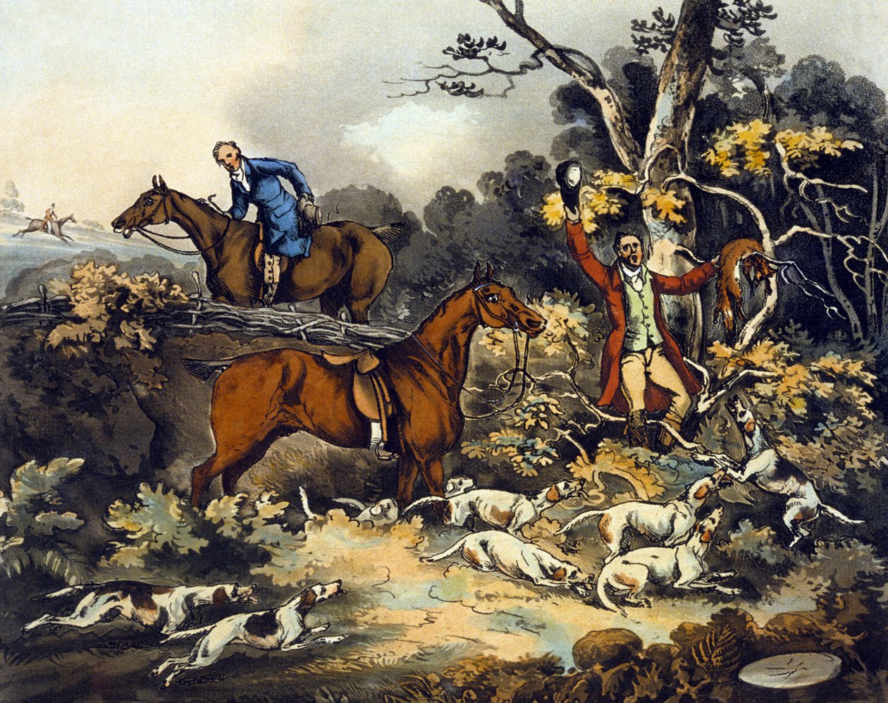 The Death, teoksesta "Fox Hunting", kaiverrus Thomas Sutherland (1785-1838) 1817 (väri litho) tekijältä Henry Thomas (after) Alken