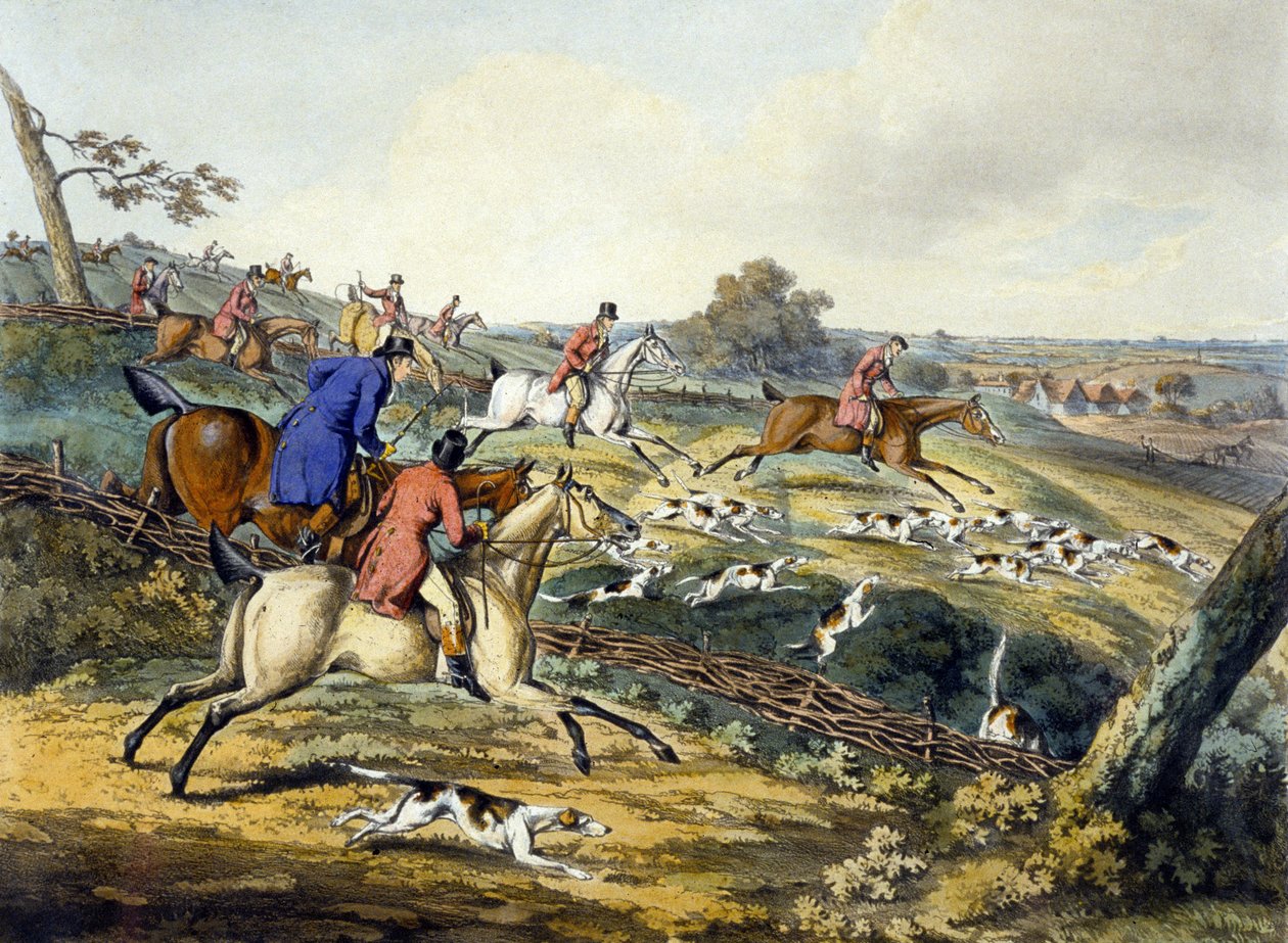 The Full Cry, teoksesta "Foxhunting", kaiverrus Thomas Sutherland (1785-1838) (värinen lito) tekijältä Henry Thomas (after) Alken