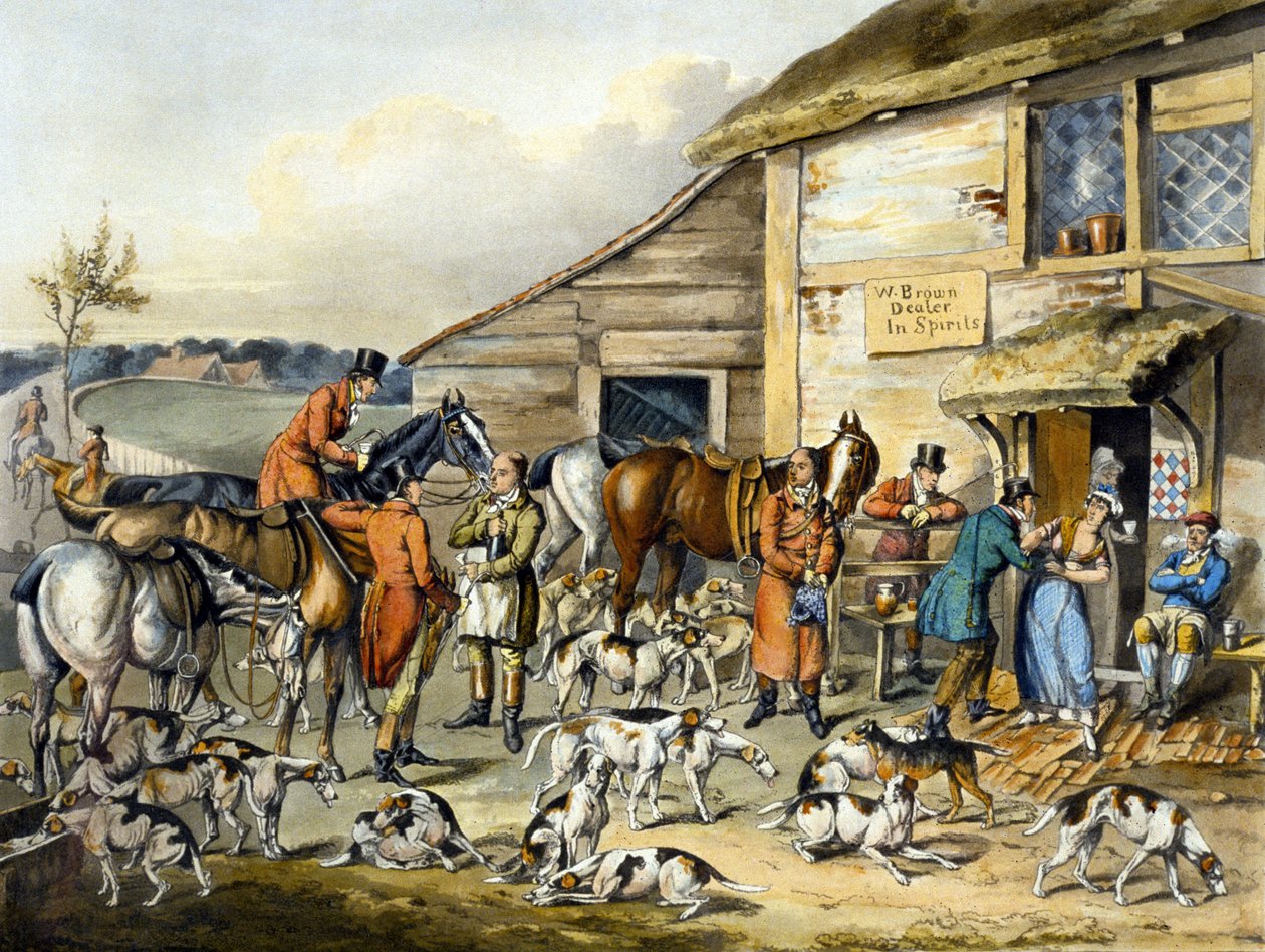 The Refreshment, teoksesta "Foxhunting", kaiverrus Thomas Sutherland (1785-1838) (väri litho) tekijältä Henry Thomas (after) Alken