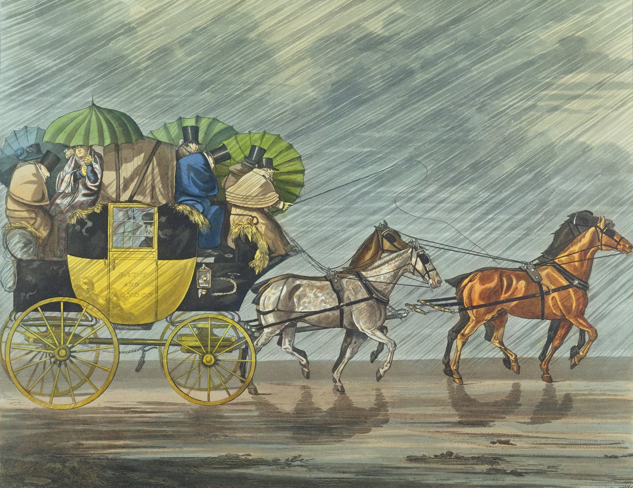 A Bath Coach, akvatintoi George Hunt (fl.1820-40), julkaistu 1820 (akvatinta) tekijältä Henry Thomas Alken