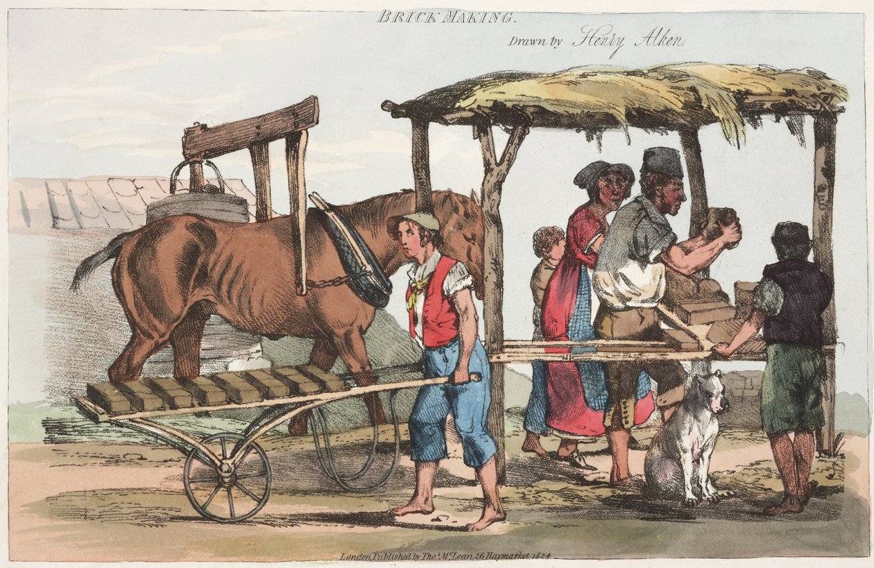 Brick Making, julkaisija Thomas Mclean Haymarketista, 1824 (värillinen etsaus) tekijältä Henry Thomas Alken