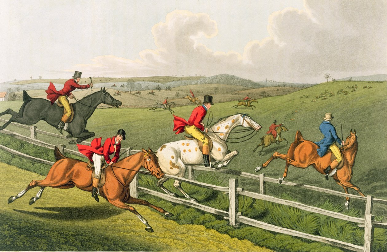 Fox Hunting, akvatintoi I. Clark, pub. kirjoittanut Thomas McLean, 1820 (akvatinta) tekijältä Henry Thomas Alken