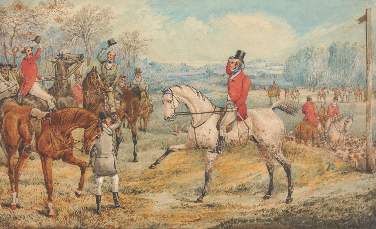 Kuvitus R. S. Surteesin teokseen "The Analysis of the Hunting Field": Kokoontuminen: "Kirkkain kasvoin ja iloisin sydämin" tekijältä Henry Thomas Alken