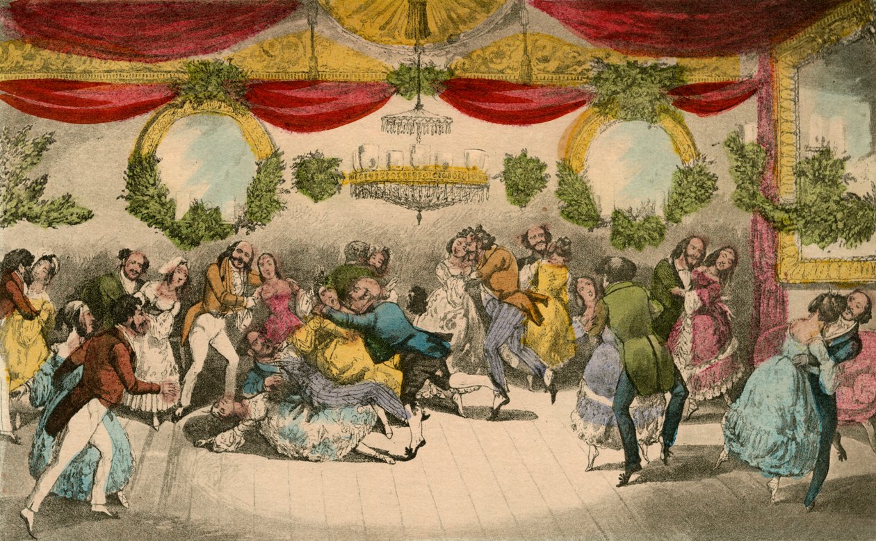 Mr. Jorrocks tekee Faux Pas -tapahtumassa Countess de Jacksons Ballissa, 1838 tekijältä Henry Thomas Alken