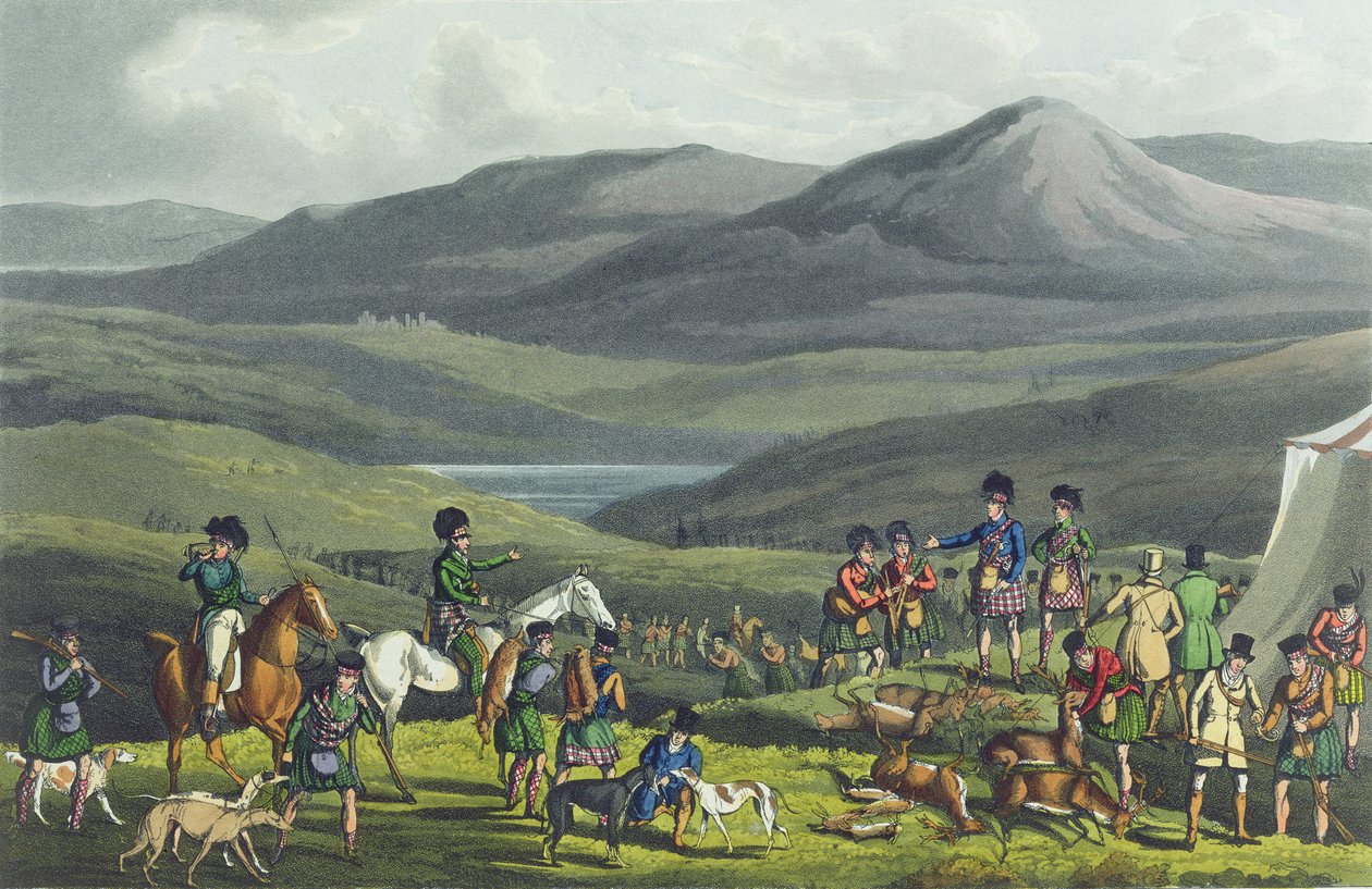 Sporting Meeting in the Highlands, akvatintoi I. Clark, pubi. kirjoittanut Thomas McLean, 1820, (akvatinta) tekijältä Henry Thomas Alken