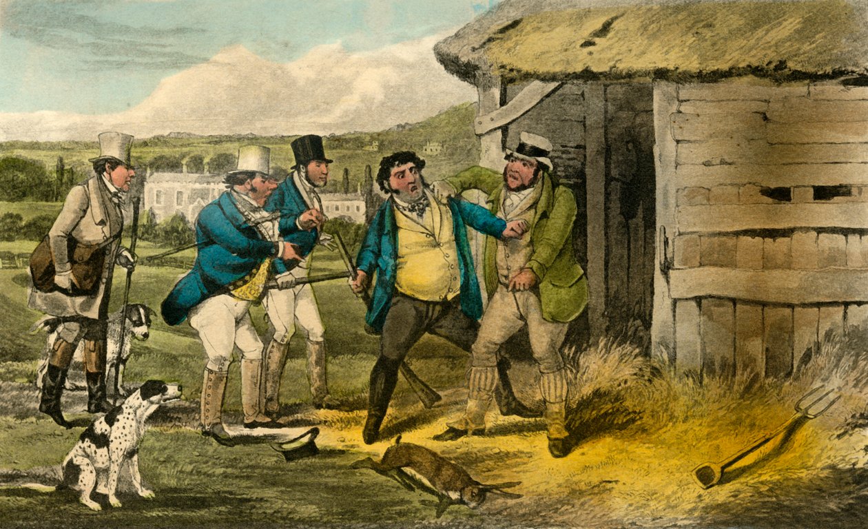 Squire Cheatums Keeper hyökkää Vanhan Tomin murhaajan kimppuun, 1838 tekijältä Henry Thomas Alken
