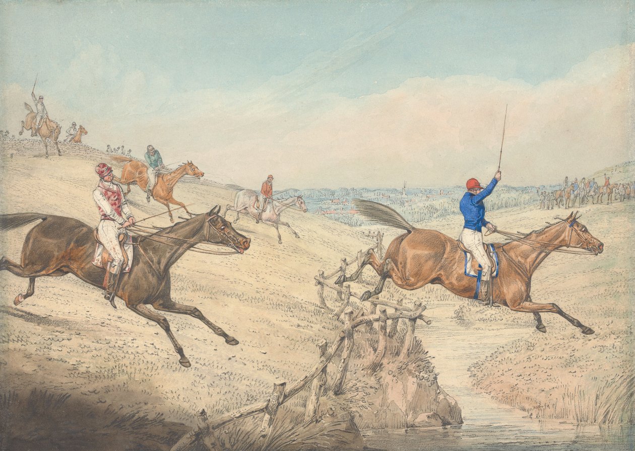 Esteratsastus: kilpailijajoukko ylittää matalan aidan ja puron tekijältä Henry Thomas Alken