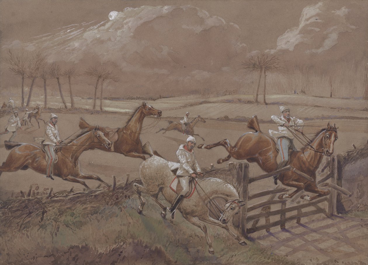 The Last Field lähellä Nacton Heathia, levy 3, The First Steeple Chase on Record, kaivertanut J. Harris, painanut Ackermann, Lontoo vuonna 1839 (värinen akvatinta) tekijältä Henry Thomas Alken