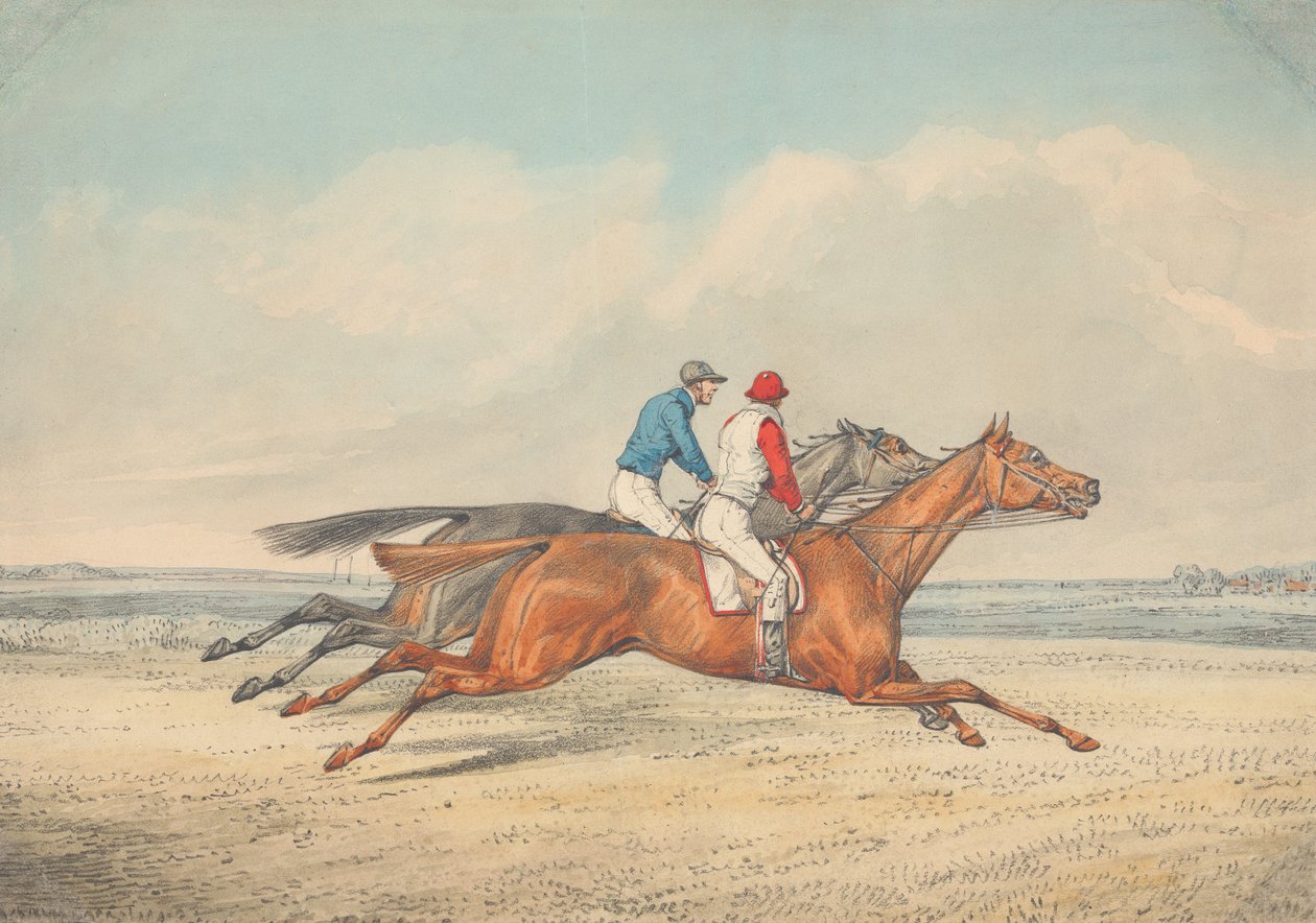 Kaksi jockeyta laukkaa rinta rinnan oikealle tekijältä Henry Thomas Alken