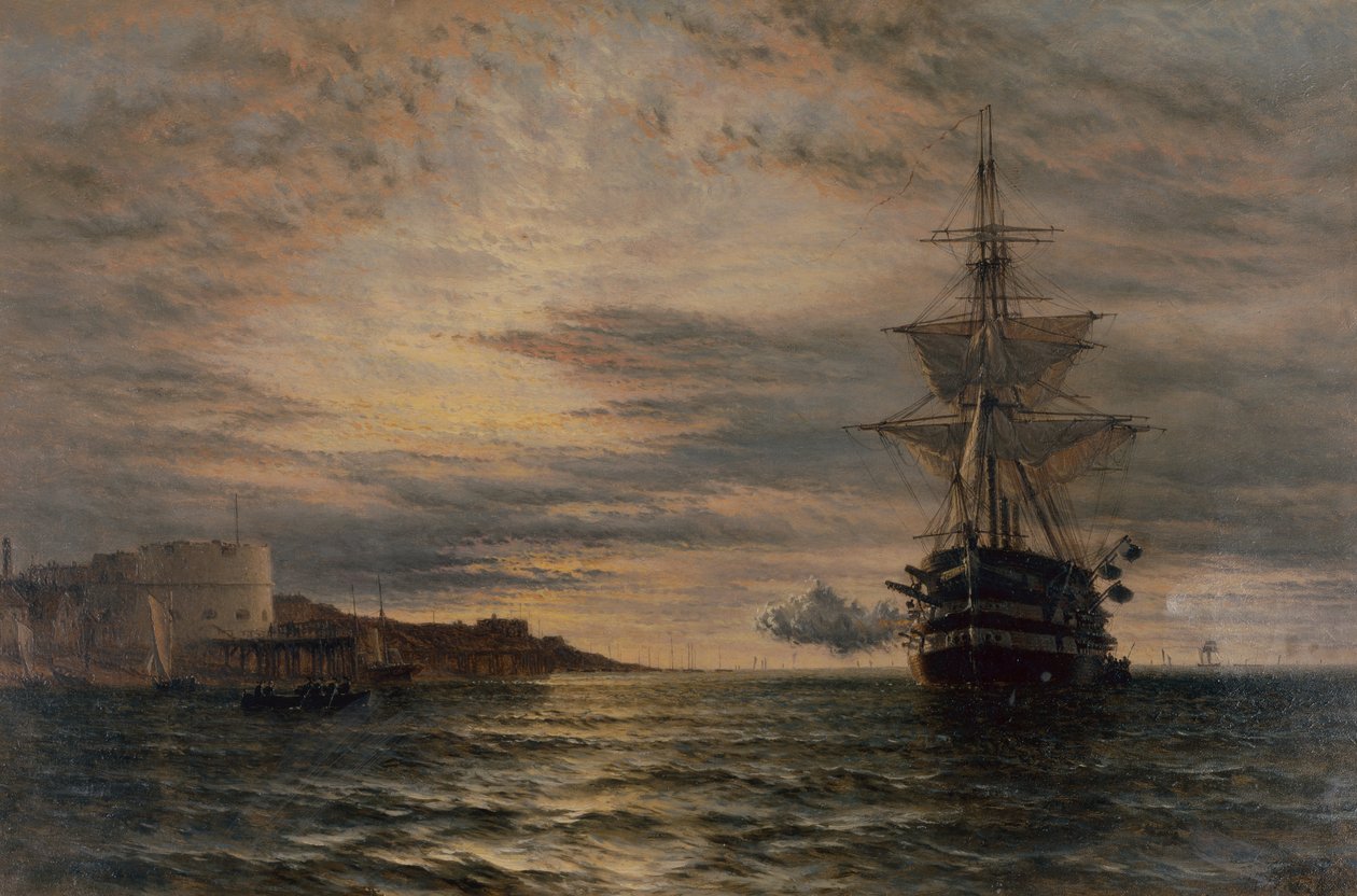 HMS St Vincentin aamutervehdys Portsmouthin edustalta (öljy) tekijältä Henry Thomas Dawson