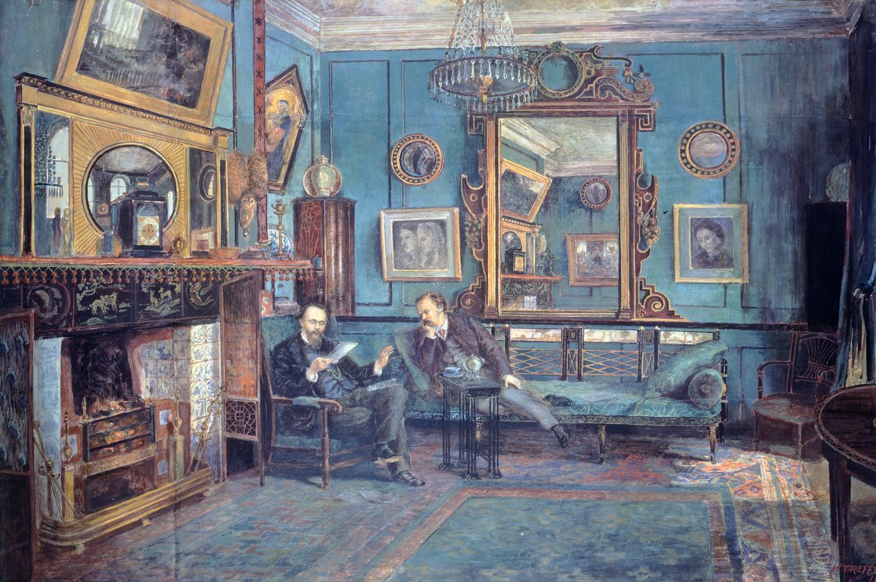Dante Gabriel Rossetti lukee Henry Treffry Dunnin (1838-1899) runoa Theodore Watts-Duntonille olohuoneessa tekijältä Henry Treffry Dunn