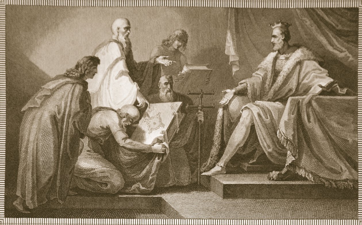 William the I:lle esitelty Tuomiopäiväkirja, J. Fittlerin kaivertama, kuvitus David Humen Englannin historiasta, pub. R. Bowyer, Lontoo, 1812 tekijältä Henry Tresham