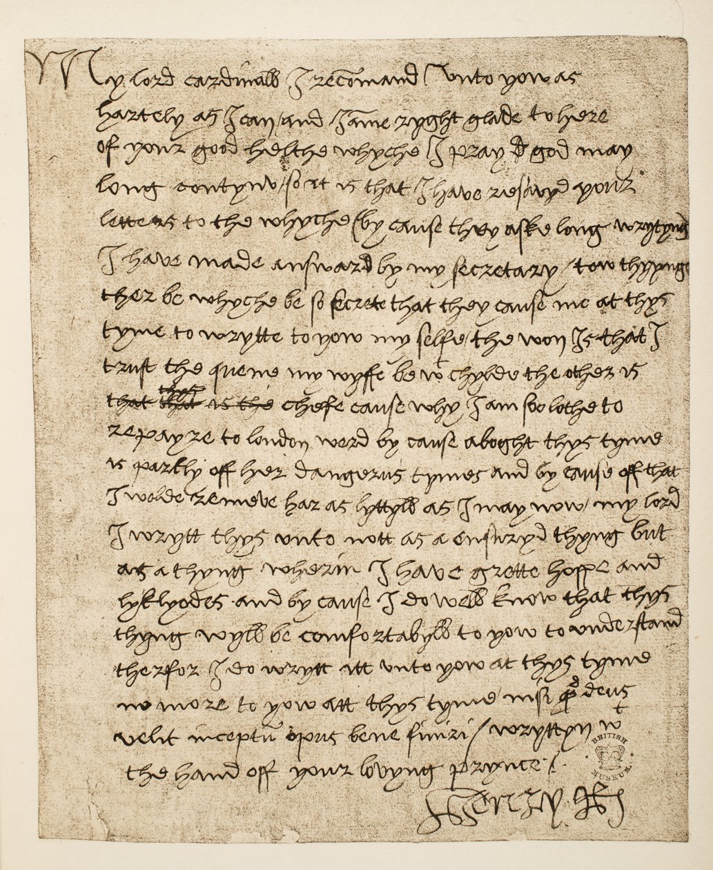 Faksiimile Henry VIII:n kirjeestä kardinaali Wolseylle, päivätty heinäkuussa 1518, pub. 1902 (kollotyyppi) tekijältä Henry VIII