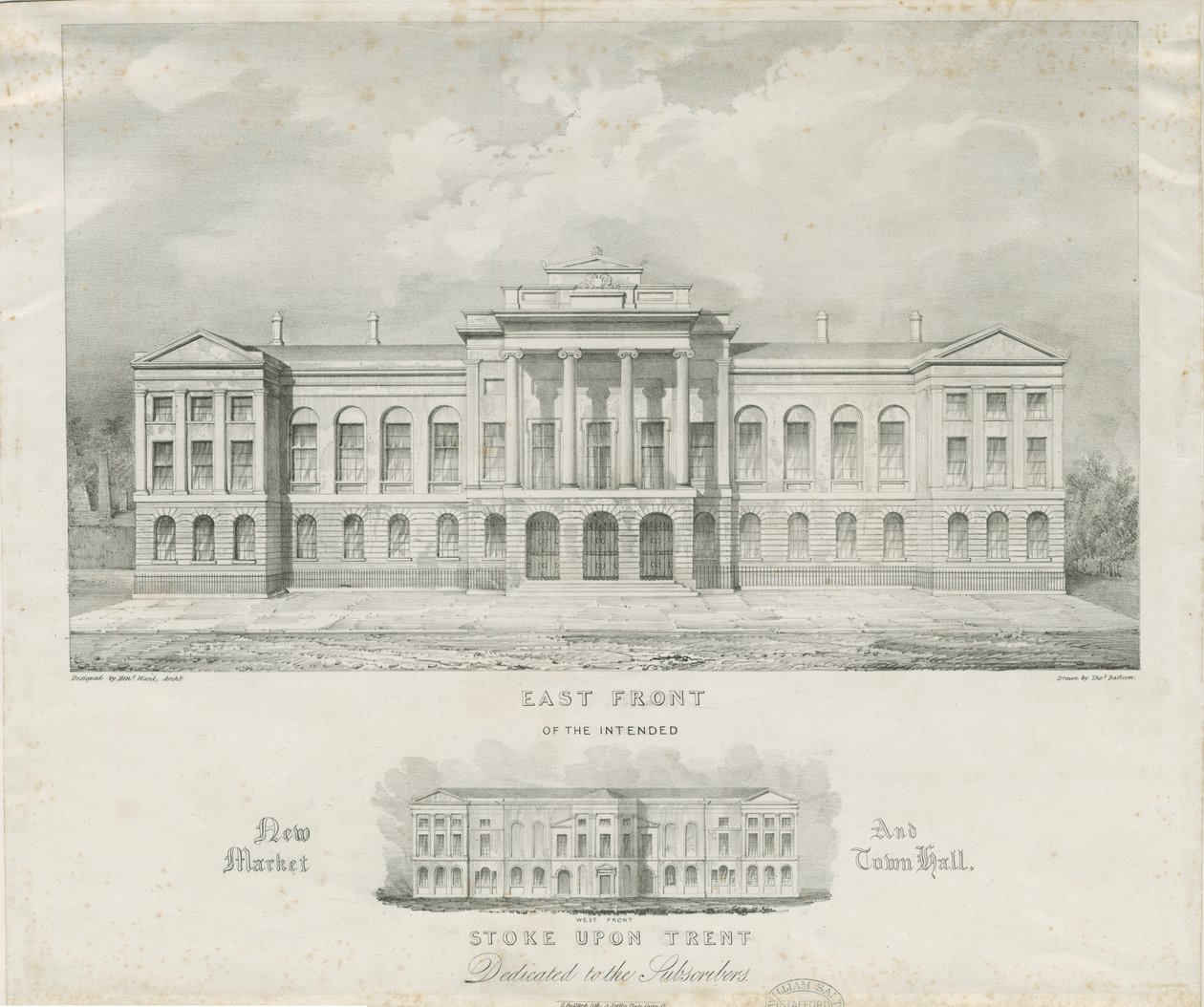 Stoke-upon-Trent - Suunniteltu uusi kauppa ja kaupungintalo: litografia, nd [c 1834] tekijältä Henry Ward