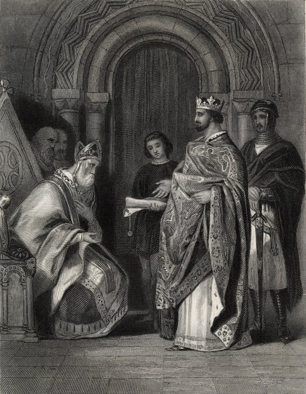 Henrik II esittelemässä paavin bullan Cashelin arkkipiispalle, kaivertanut G. Greatbach tekijältä Henry Warren