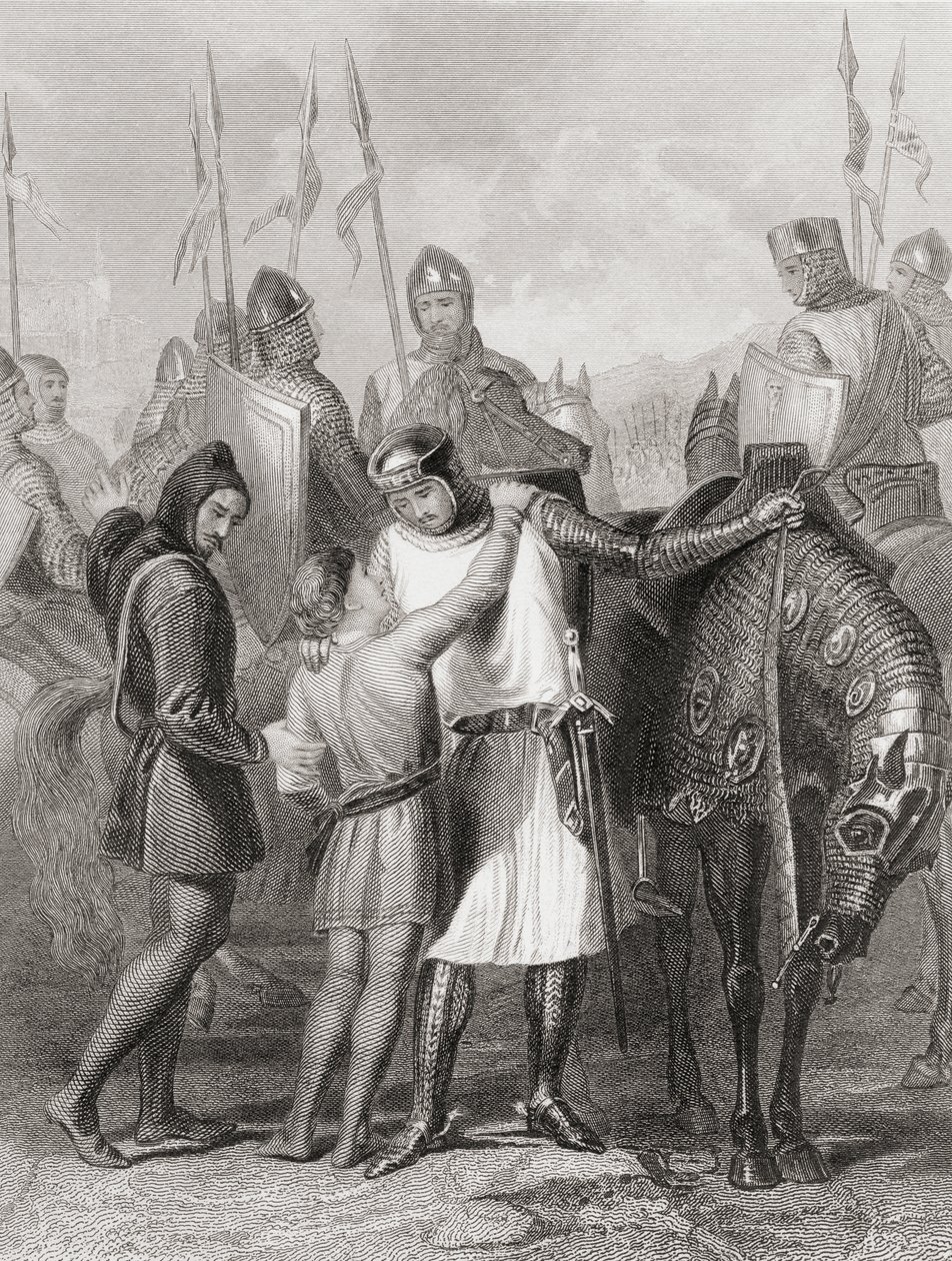 Richard, Earl of Pembroke, jättämässä lomaa veljelleen ennen lähtöään Irlantiin vuonna 1169, Thomas Wrightin "The History of Ireland", julkaistu noin 1854 tekijältä Henry Warren