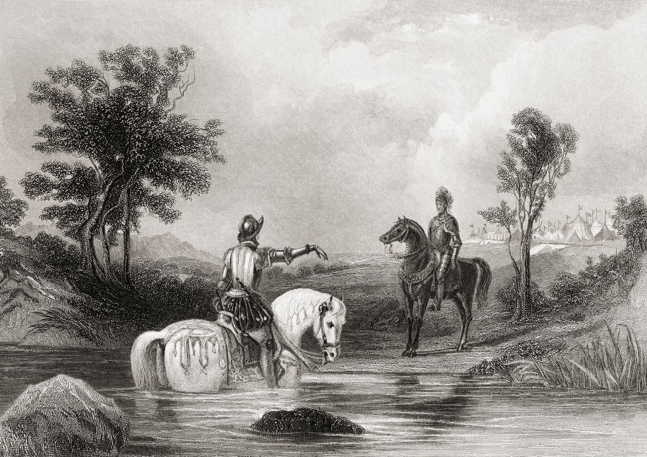 Essexin jaarlin ja Tyronen tapaaminen Louthin kreivikunnassa, Irlannissa vuonna 1599, Thomas Wrightin kirjasta "The History of Ireland", julkaistu noin 1854 tekijältä Henry Warren