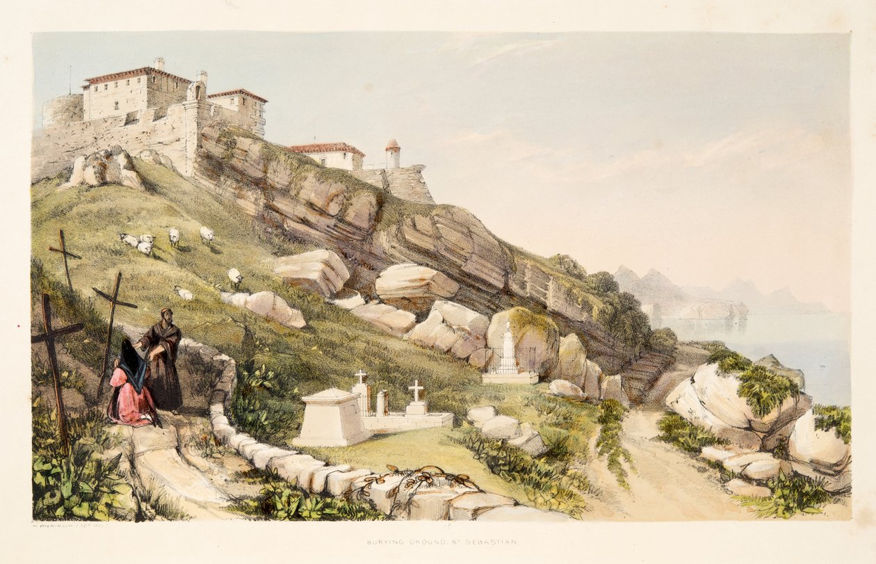 Brittiläisten upseerien hautapaikka San Sebastianin linnakukkulalla, kuvasta Luonnos maisemista Espanjan Baskimaan maakunnissa, valikoima kansallista musiikkia ?, pubi. 1838 (käsinvärinen kaiverrus tekijältä Henry Wilkinson