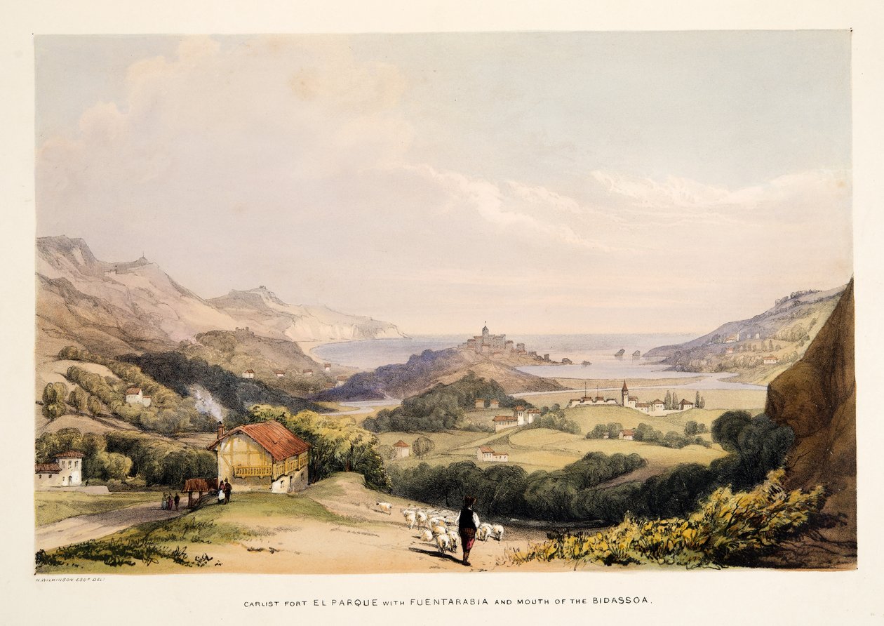 Carlistin linnoitus, El Parque, Fontarabian ja Bidassoa-joen suun kanssa, teoksesta Sketches of scenery in the Basque provinces of Spain, with a selection of national music ?, pub. 1838 (käsin väritetty kaiverrus). tekijältä Henry Wilkinson