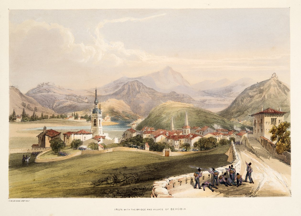 Irun, San Martial -vuori ja Capauchinosin silta, teoksesta Sketches of scenery in the Basque provinces of Spain, with a selection of national music ?, pub. 1838 (käsin väritetty kaiverrus). tekijältä Henry Wilkinson