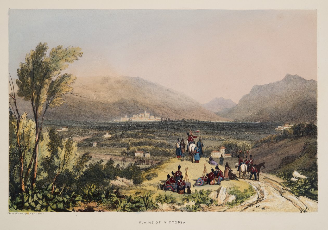 Vitorian tasangot ja kaupunki, teoksesta Sketches of scenery in the Basque provinces of Spain, with a selection of national music ?, pub. 1838 (käsin väritetty kaiverrus). tekijältä Henry Wilkinson
