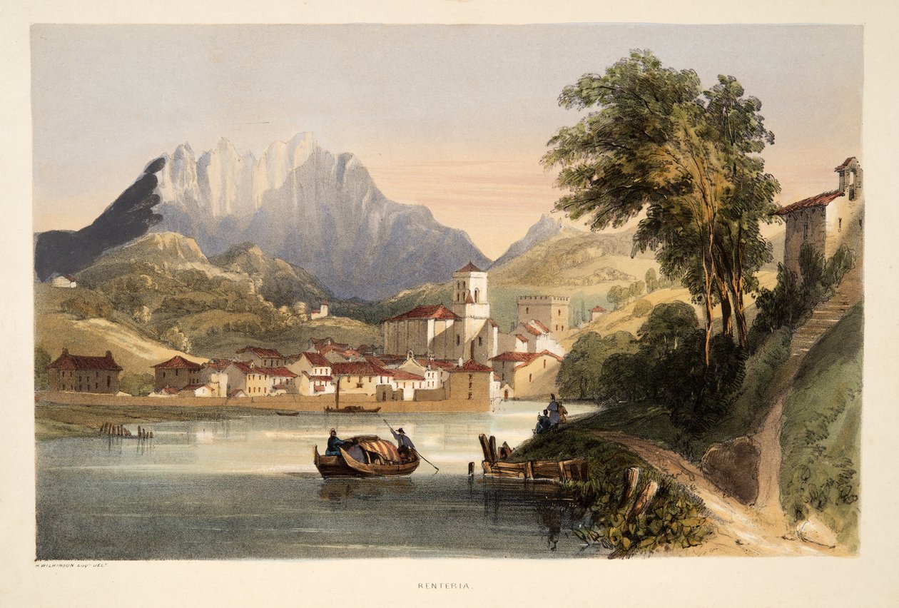 Renteria, teoksesta Sketches of scenery in the Basque provinces of Spain, with a selection of national music ?, pub. 1838 (käsin väritetty kaiverrus). tekijältä Henry Wilkinson