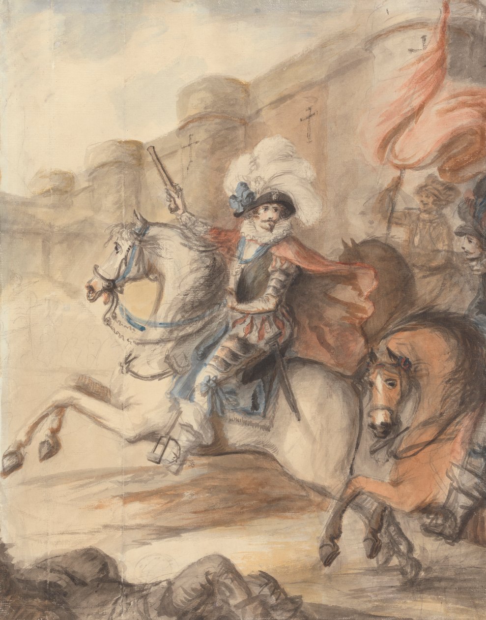 Ratsuväen upseeri (Henry IV) johtamassa hyökkäystä linnan ulkopuolella tekijältä Henry William Bunbury