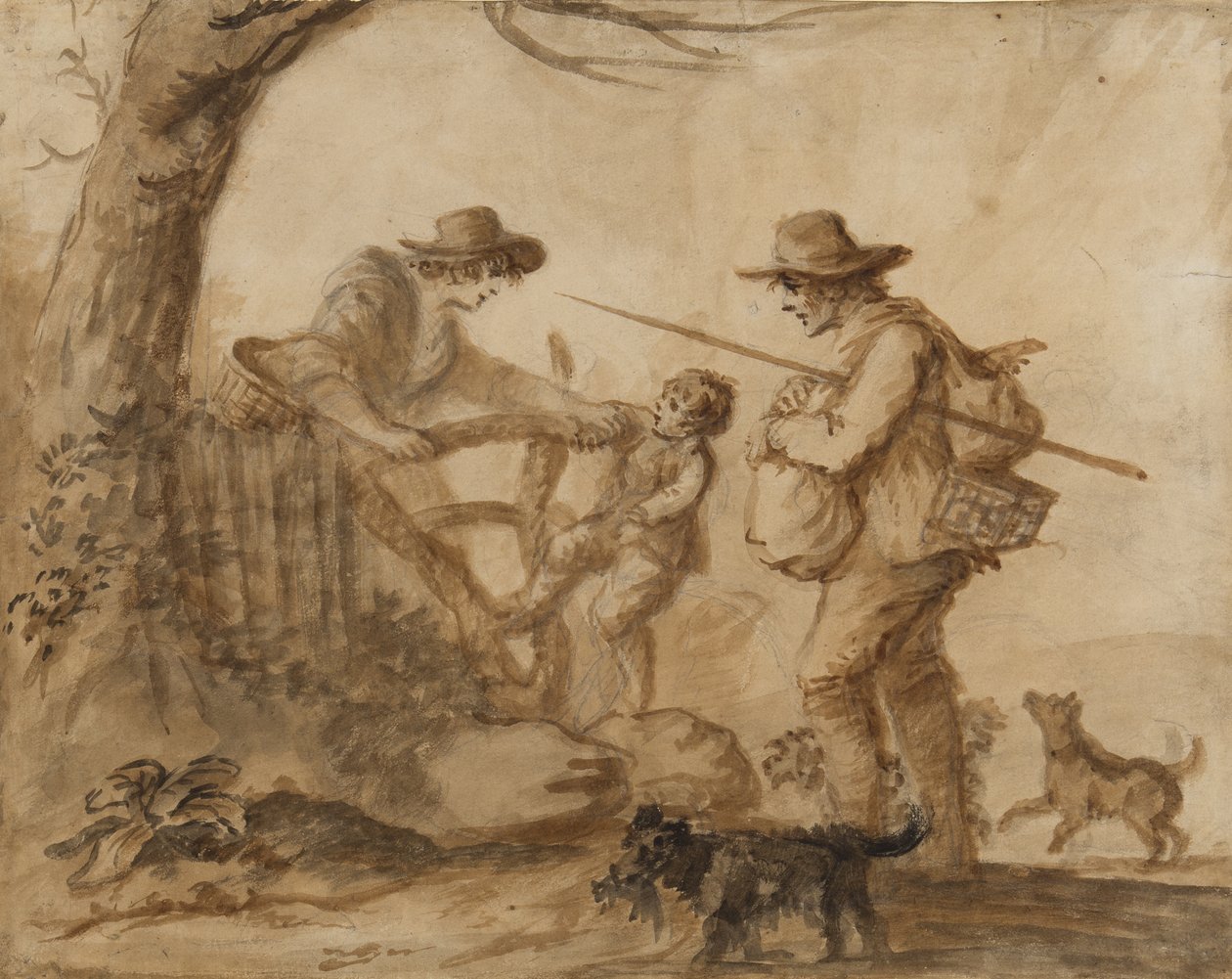 Maalaisperhe, noin 1780 (kynä, sivellin ja seepia tussi paperille). tekijältä Henry William Bunbury