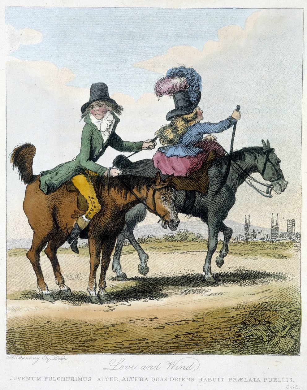 Rakkaus ja tuuli - in "" Caricatures anglaise sur les manners de riding a hevosella", ill. H. W. Bunbury, toim. John Stockdale tekijältä Henry William Bunbury