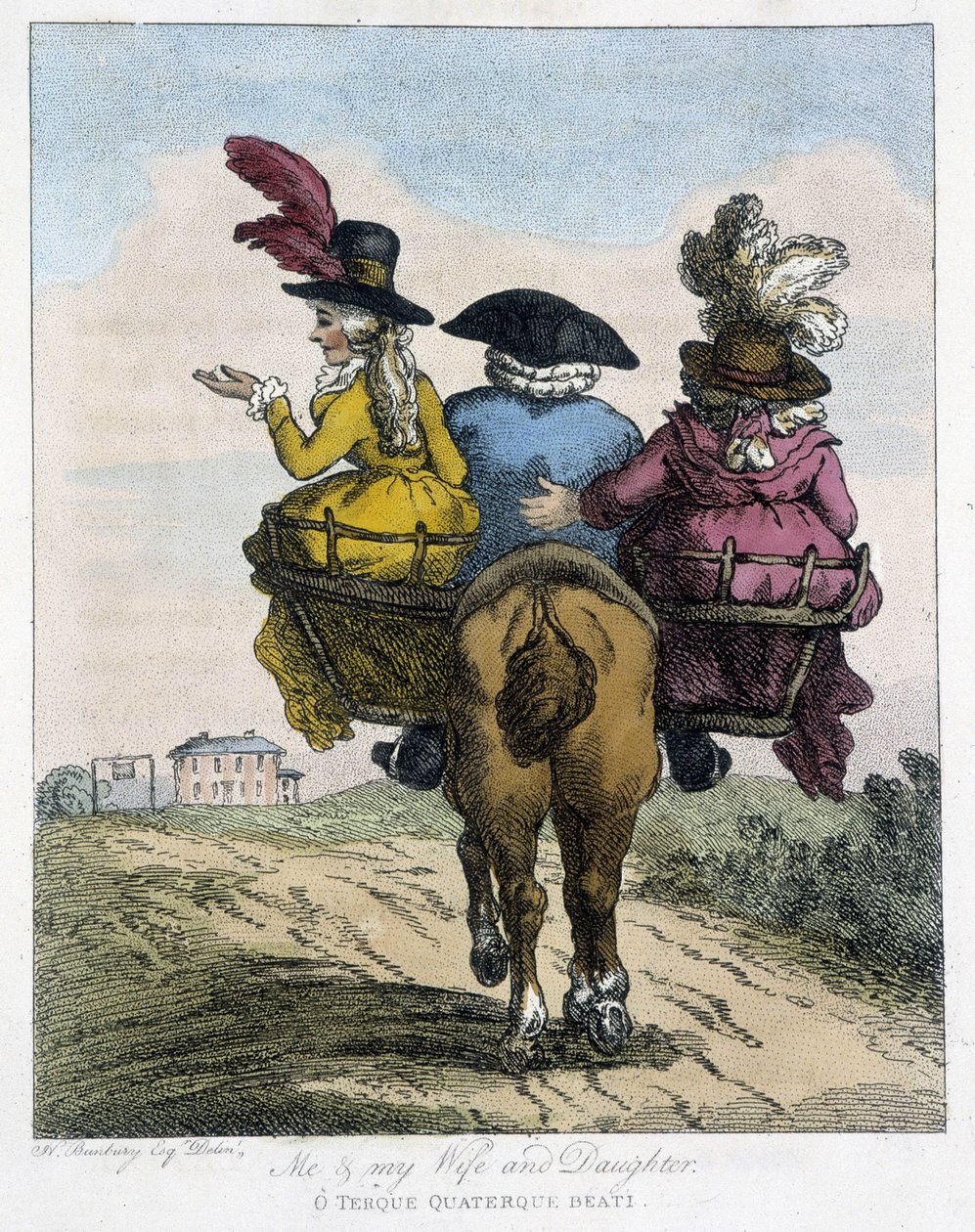 Minä vaimoni ja tyttäreni kanssa - "englanninkielisissä karikatyyreissä hevosen ratsastustavoista", ill. kirjoittanut H.W. Bunbury, toim. John Stockdale tekijältä Henry William Bunbury
