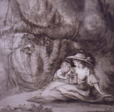 Istuva nainen ja lapsi häkkilintujen kanssa (piirustus) tekijältä Henry William Bunbury