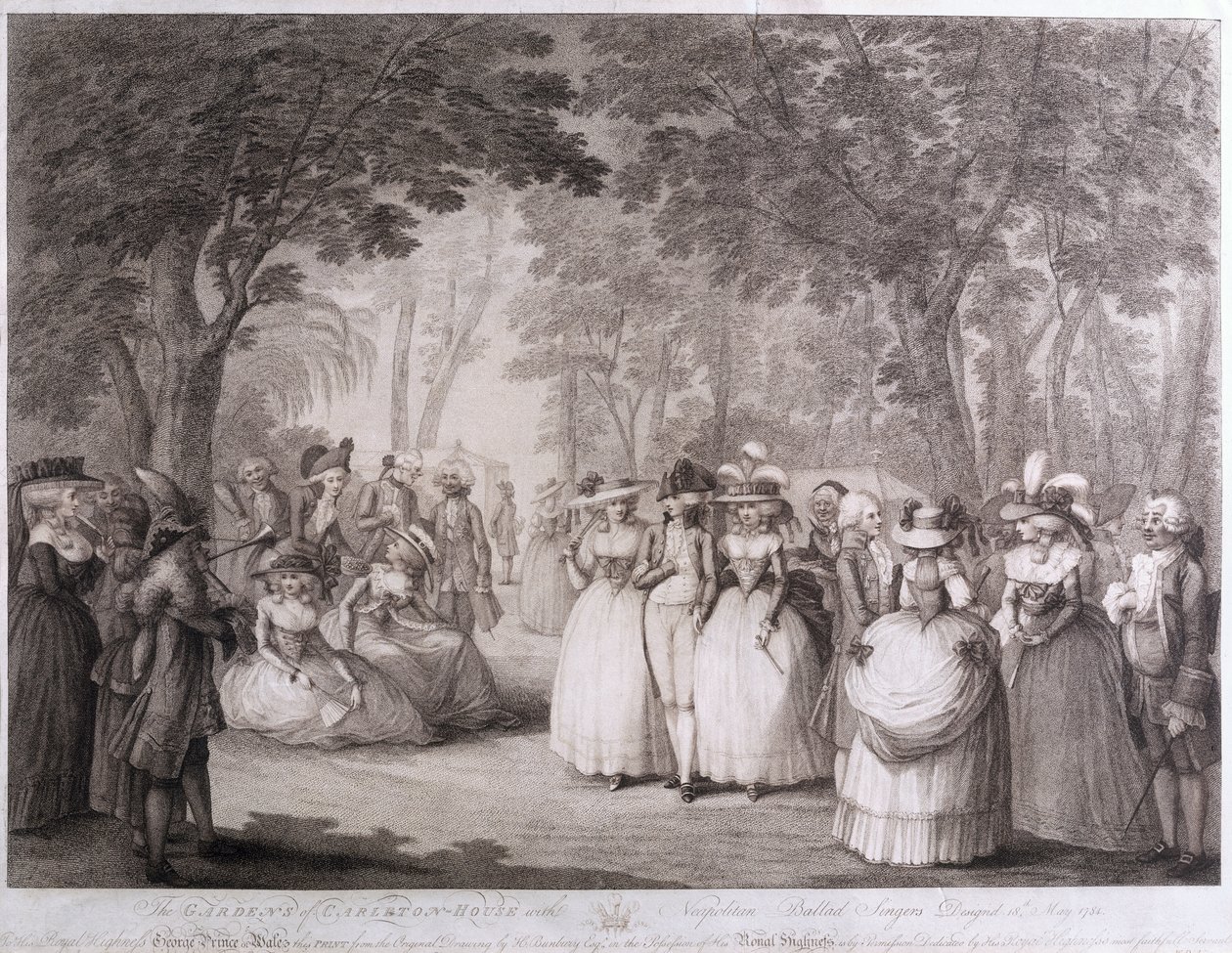 The Gardens of Carlton House napolilaisten balladilaulajien kanssa, kaiverrus William Dickinson (1746-1823), 1784 tekijältä Henry William Bunbury